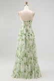 Green Flower A Line Pearl Long Bridesmaid Dress with Lace-up Back