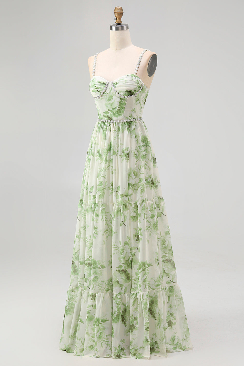 Green Flower A Line Pearl Long Bridesmaid Dress with Lace-up Back