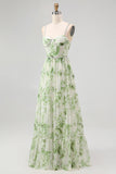 Green Flower A Line Pearl Long Bridesmaid Dress with Lace-up Back