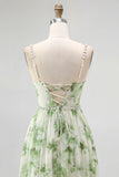Green Flower A Line Pearl Long Bridesmaid Dress with Lace-up Back