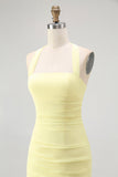 Yellow Halter Sheath Ruched Tie Back Long Bridesmaid Dress