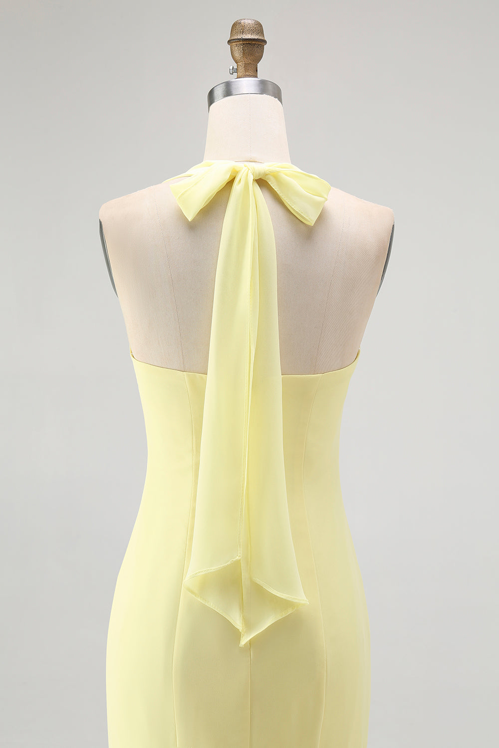 Yellow Halter Sheath Ruched Tie Back Long Bridesmaid Dress