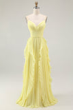 Yellow A Line Spaghetti Straps Chiffon Pleated Bridesmaid Dress with Ruffles