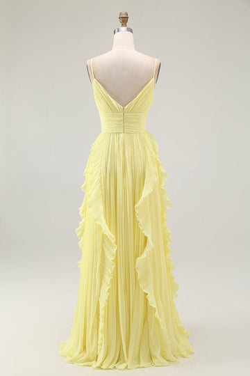 Yellow A Line Spaghetti Straps Chiffon Pleated Bridesmaid Dress with Ruffles