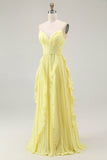 Yellow A Line Spaghetti Straps Chiffon Pleated Bridesmaid Dress with Ruffles