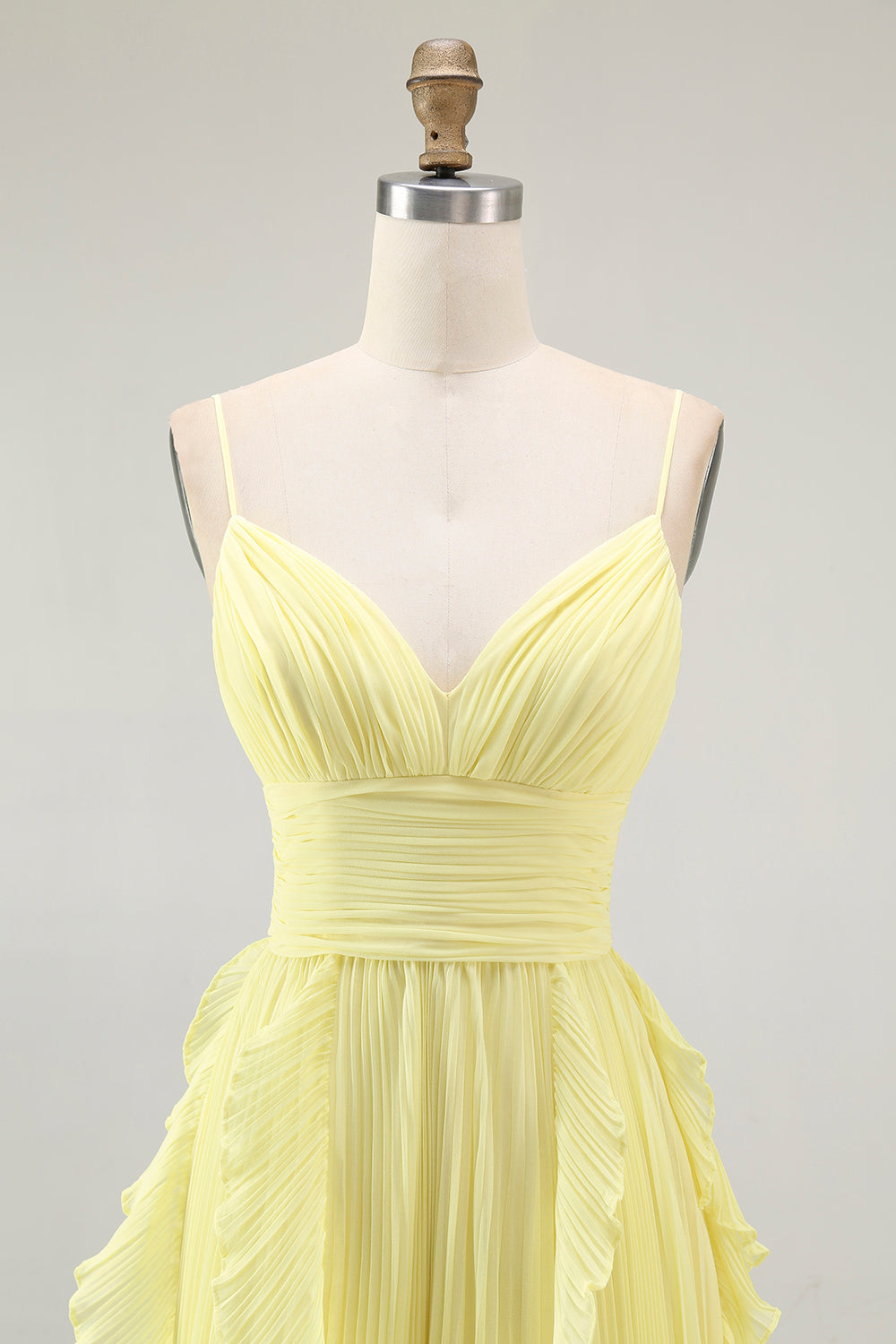 Yellow A Line Spaghetti Straps Chiffon Pleated Bridesmaid Dress with Ruffles