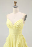 Yellow A Line Spaghetti Straps Chiffon Pleated Bridesmaid Dress with Ruffles
