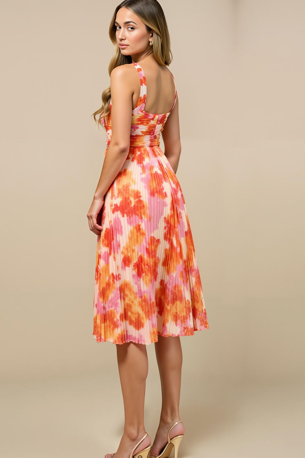 A Line V Neck Printed Sunset Pleated Midi Summer Dress