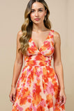 A Line V Neck Printed Sunset Pleated Midi Summer Dress