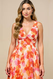A Line V Neck Printed Sunset Pleated Midi Summer Dress