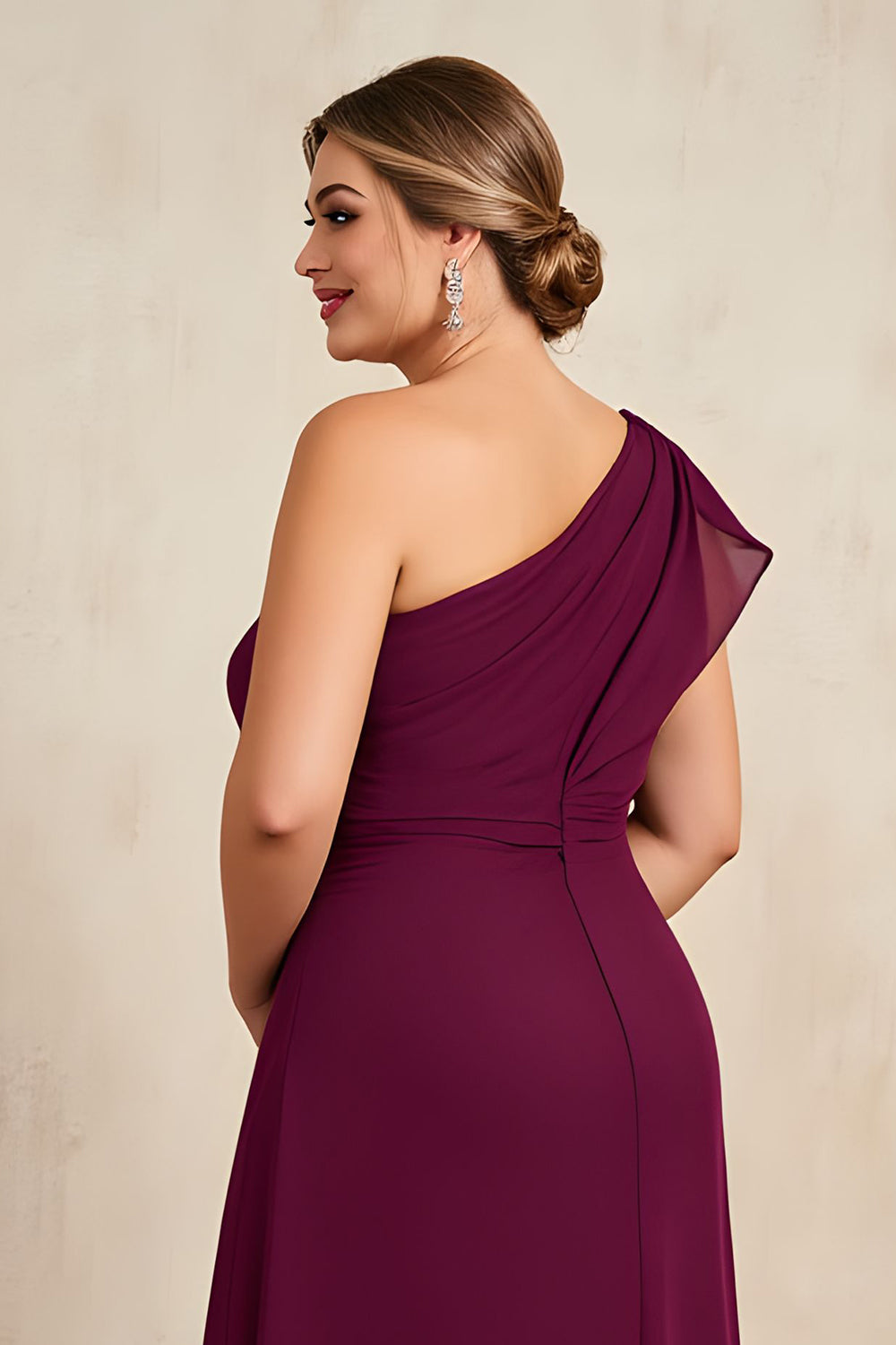 One Shoulder Burgundy Chiffon Mother of the Bride Dress with Appliques