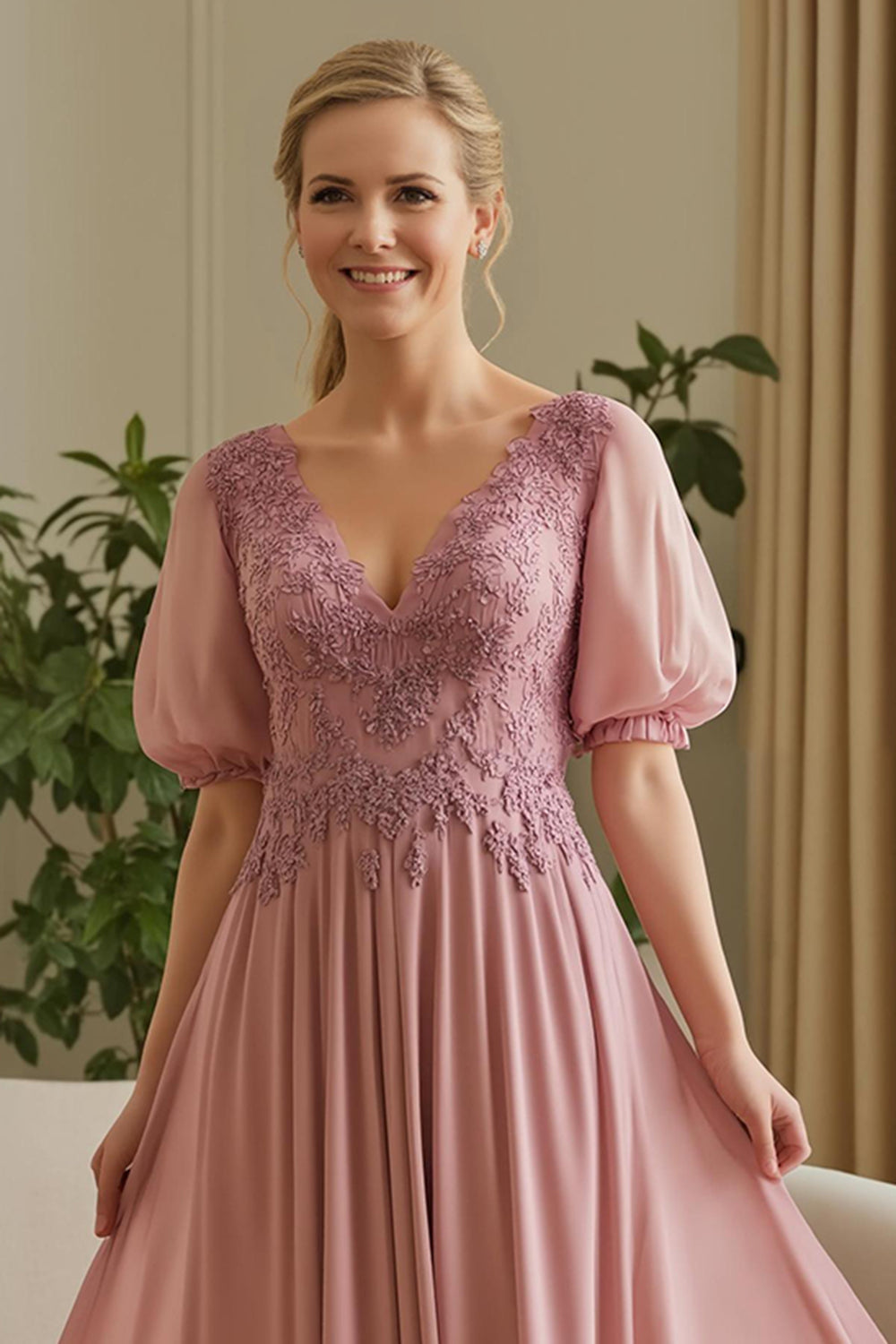 Dusty Rose Chiffon Appliqued A Line Mother of the Bride Dress with Puff Sleeves