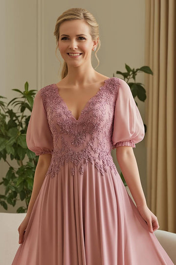Dusty Rose Chiffon Appliqued A Line Mother of the Bride Dress with Puff Sleeves