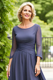 Elegant Grey A Line Chiffon Boat Neck Midi Mother of the Bride Dress