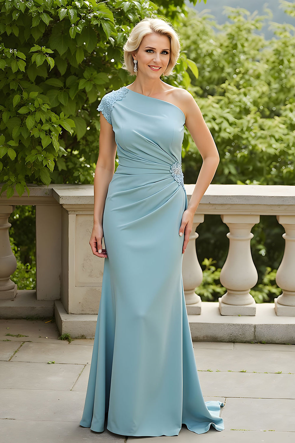 Light Blue Sheath One Shoulder Mother of the Bride Dress with Appiques