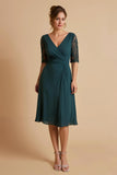 Pine V Neck Chiffon Half Sleeve Midi Mother of the Bride Dress