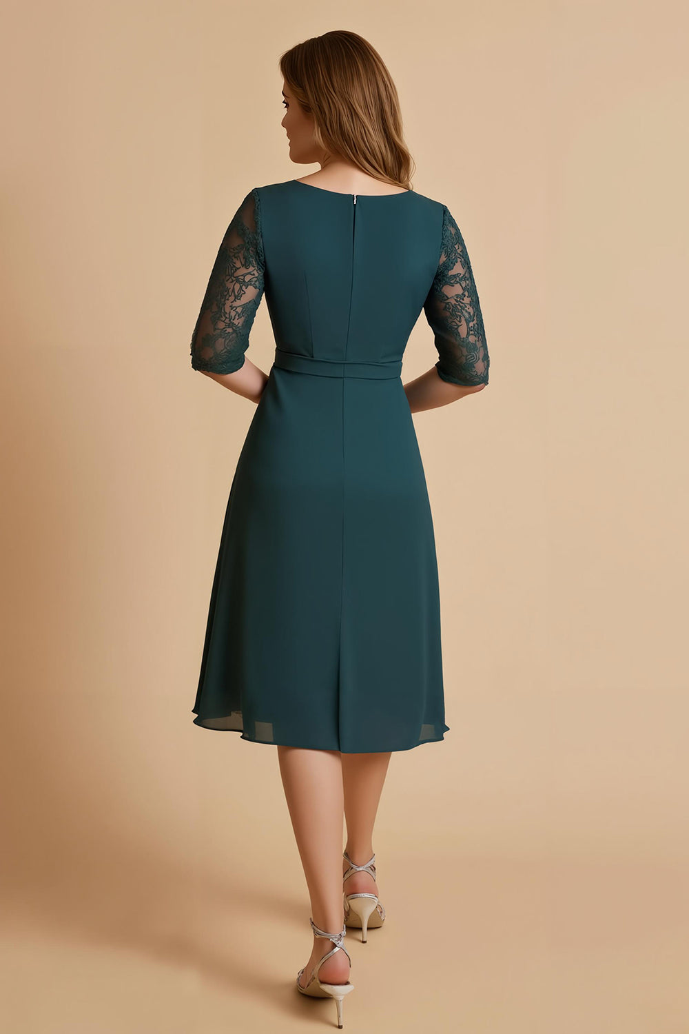 Pine V Neck Chiffon Half Sleeve Midi Mother of the Bride Dress
