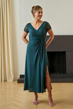 Pine Sheath Ruched V-Neck Long Mother of the Bride Dress with Slit