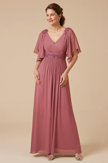 Desert Rose A Line Chiffon Appliqued Long Mother of the Bride Dress with Sleeves