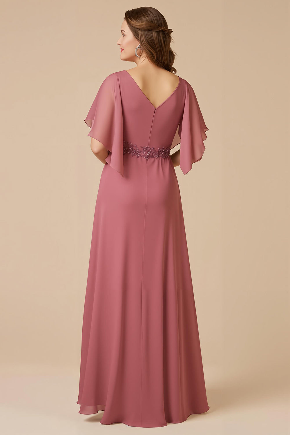 Desert Rose A Line Chiffon Appliqued Long Mother of the Bride Dress with Sleeves
