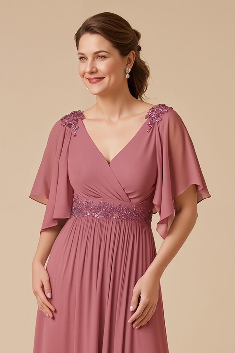Desert Rose A Line Chiffon Appliqued Long Mother of the Bride Dress with Sleeves