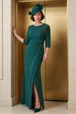 Pine Satin Sheath 3/4 Sleeves Long Mother of the Bride Dress with Slit