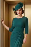 Pine Satin Sheath 3/4 Sleeves Long Mother of the Bride Dress with Slit