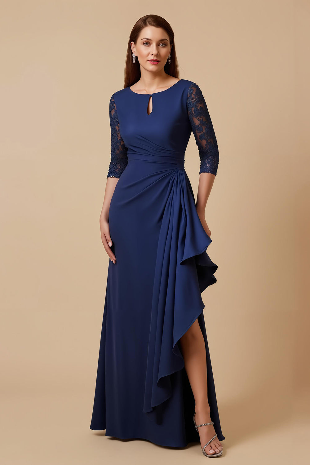 Navy Sheath Ruffled 3/4 Sleeves Long Mother of the Bride Dress with Slit