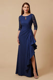 Navy Sheath Ruffled 3/4 Sleeves Long Mother of the Bride Dress with Slit