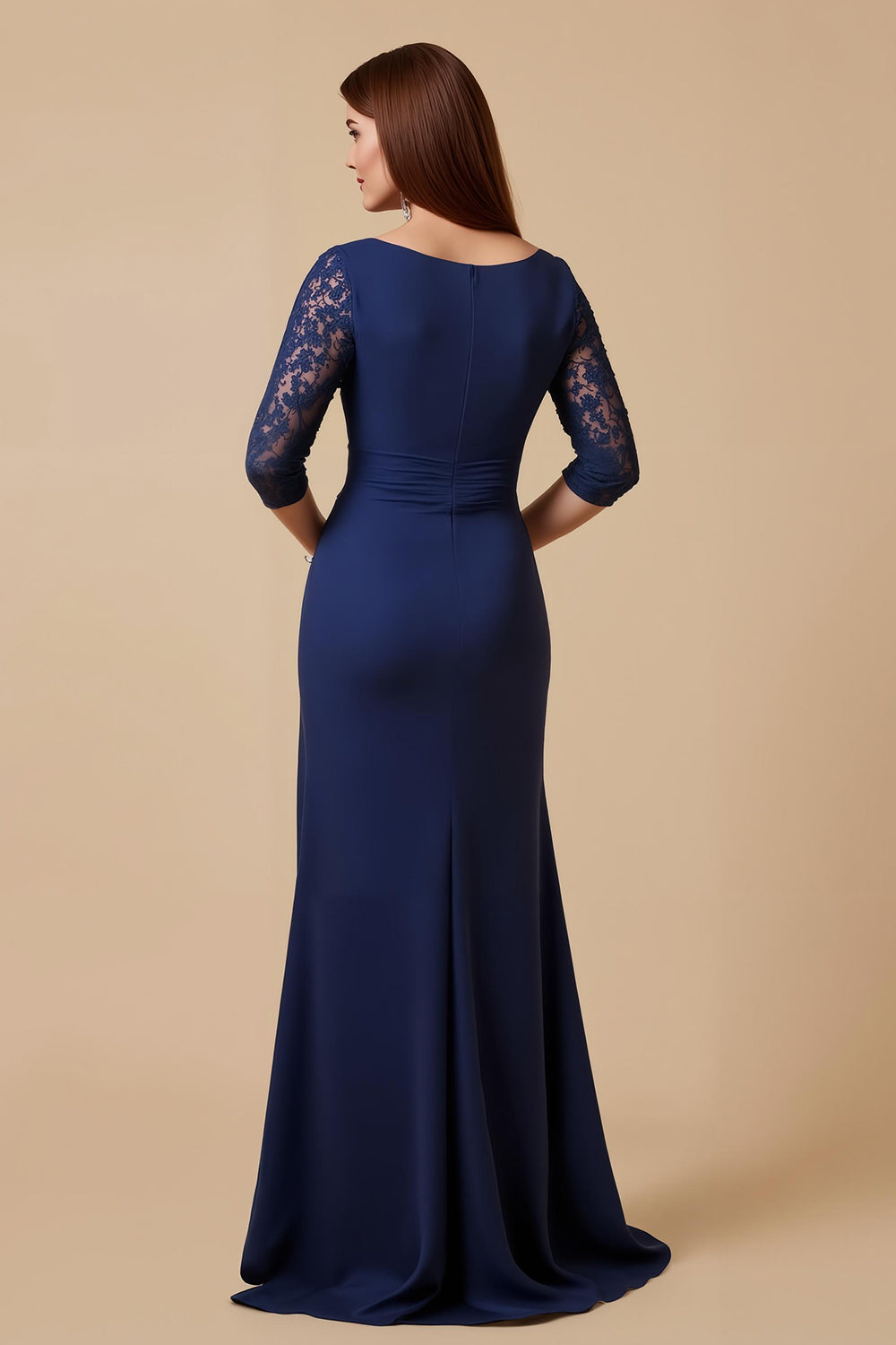Navy Sheath Ruffled 3/4 Sleeves Long Mother of the Bride Dress with Slit