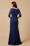 Navy Sheath Ruffled 3/4 Sleeves Long Mother of the Bride Dress with Slit