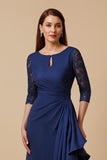Navy Sheath Ruffled 3/4 Sleeves Long Mother of the Bride Dress with Slit