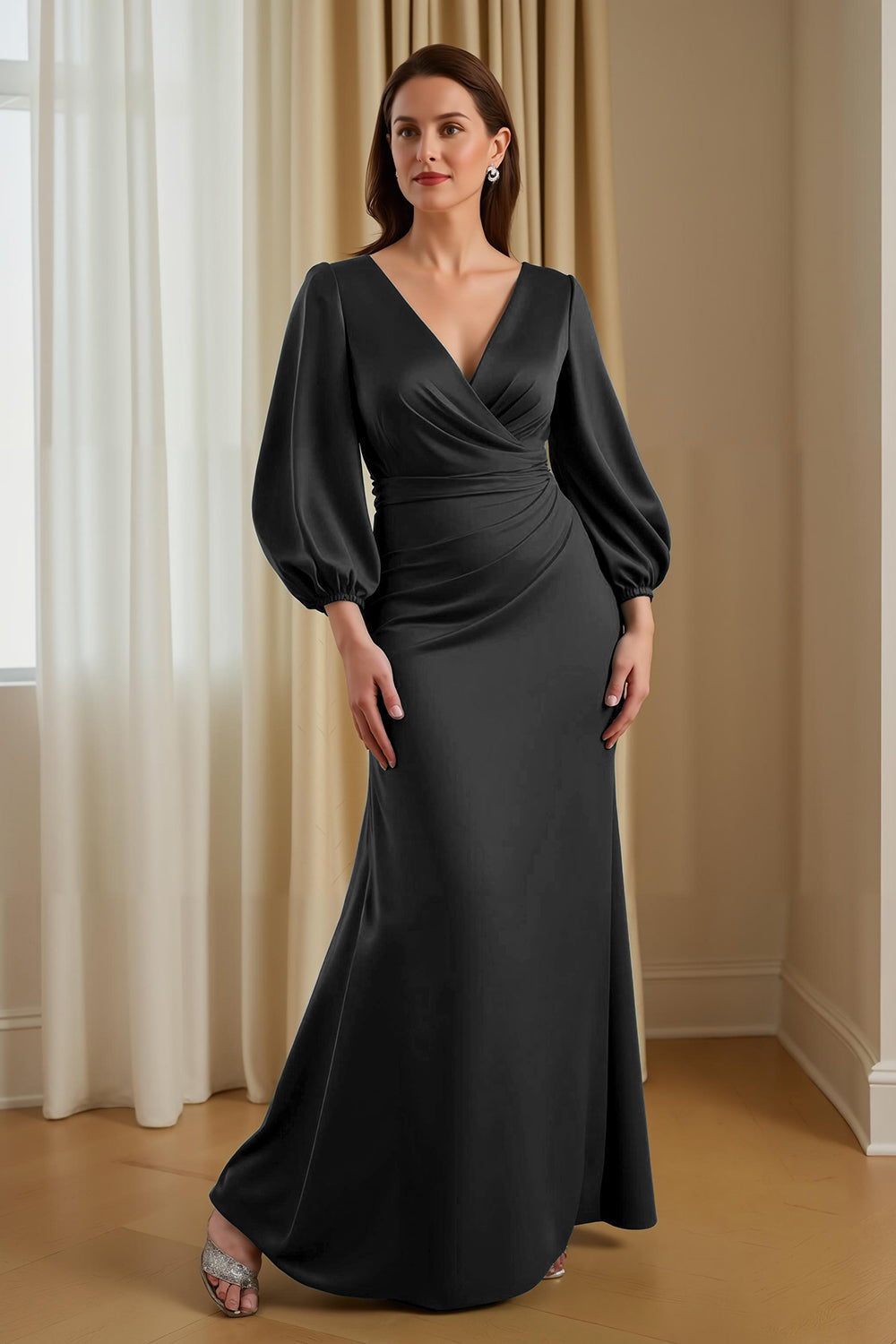Pine Satin V-Neck Mermaid Long Mother of the Bride Dress with Sleeves