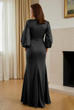 Pine Satin V-Neck Mermaid Long Mother of the Bride Dress with Sleeves