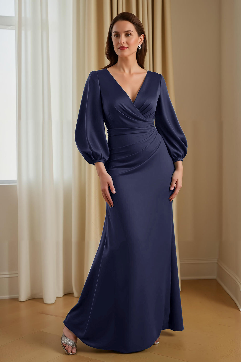Pine Satin V-Neck Mermaid Long Mother of the Bride Dress with Sleeves