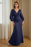 Pine Satin V-Neck Mermaid Long Mother of the Bride Dress with Sleeves