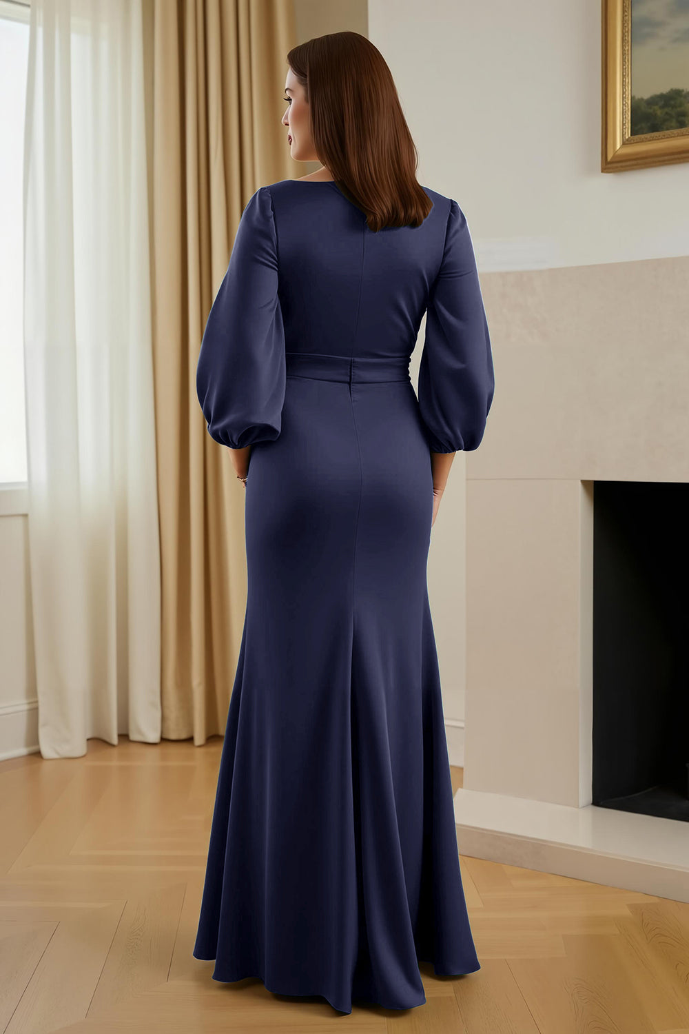Pine Satin V-Neck Mermaid Long Mother of the Bride Dress with Sleeves