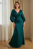 Pine Satin V-Neck Mermaid Long Mother of the Bride Dress with Sleeves