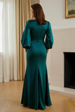 Pine Satin V-Neck Mermaid Long Mother of the Bride Dress with Sleeves