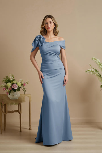 Dusty Blue Satin Off The Shoulder Mermaid Long Mother of the Bride Dress with Bow