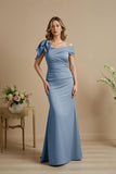 Dusty Blue Satin Off The Shoulder Mermaid Long Mother of the Bride Dress with Bow