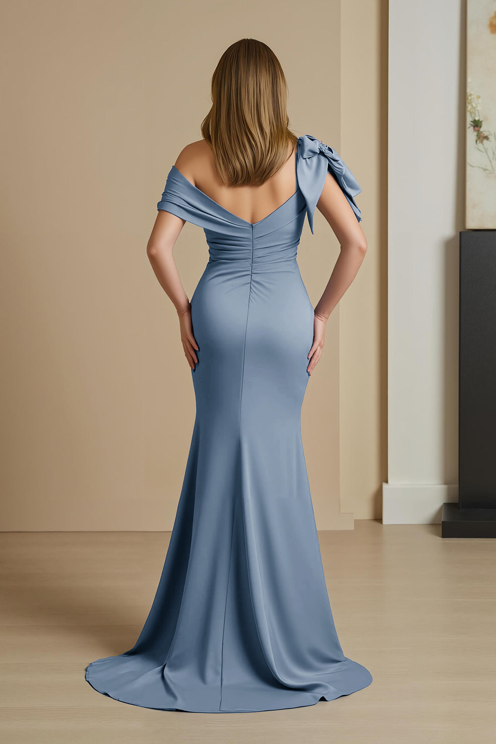 Dusty Blue Satin Off The Shoulder Mermaid Long Mother of the Bride Dress with Bow