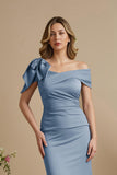 Dusty Blue Satin Off The Shoulder Mermaid Long Mother of the Bride Dress with Bow