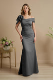 Dusty Blue Satin Off The Shoulder Mermaid Long Mother of the Bride Dress with Bow