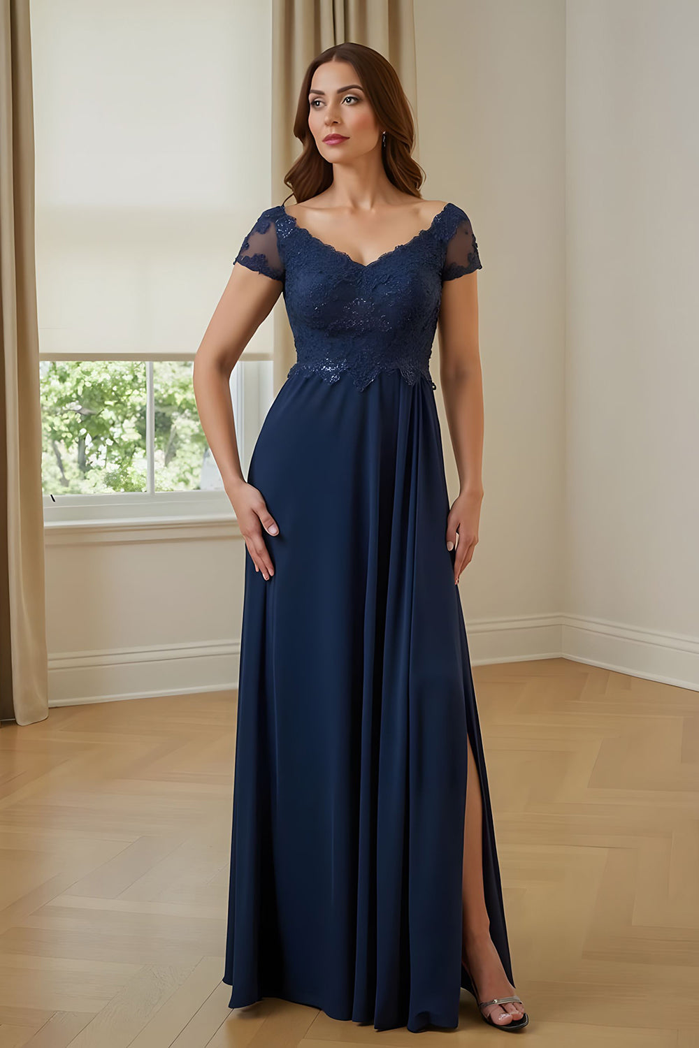 Navy A Line Satin Appliqued Long Mother of the Bride Dress with Slit