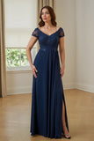 Navy A Line Satin Appliqued Long Mother of the Bride Dress with Slit