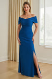 Blue Sheath Satin Off The Shoulder Long Mother of the Bride Dress with Slit