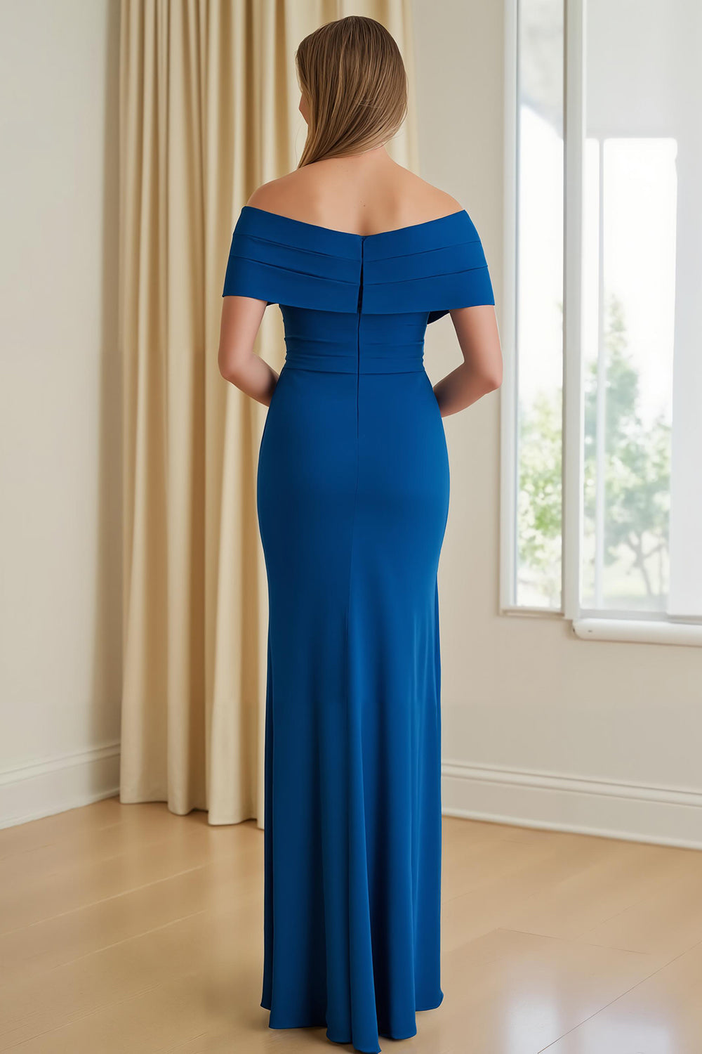 Blue Sheath Satin Off The Shoulder Long Mother of the Bride Dress with Slit