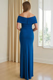 Blue Sheath Satin Off The Shoulder Long Mother of the Bride Dress with Slit