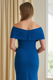 Blue Sheath Satin Off The Shoulder Long Mother of the Bride Dress with Slit